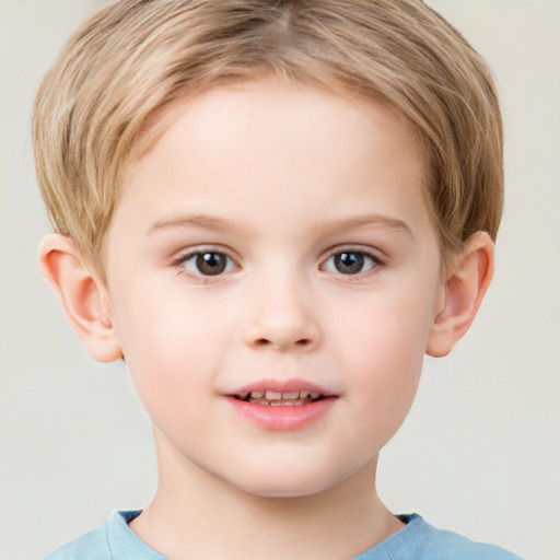 Joyful white child female with short  brown hair and grey eyes