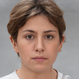 Neutral white young-adult female with short  brown hair and brown eyes