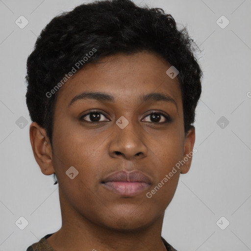 Neutral black young-adult female with short  brown hair and brown eyes