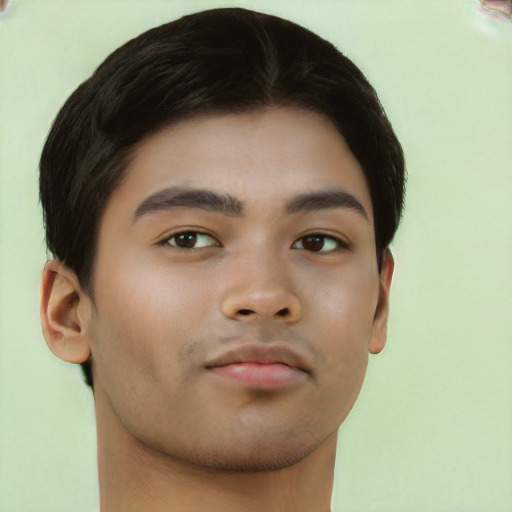 Neutral asian young-adult male with short  brown hair and brown eyes