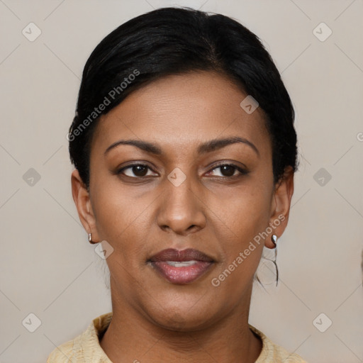 Joyful latino young-adult female with short  black hair and brown eyes