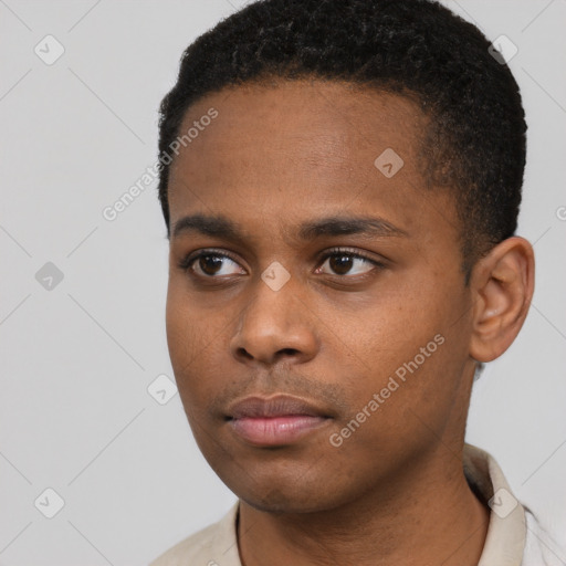 Neutral black young-adult male with short  black hair and brown eyes