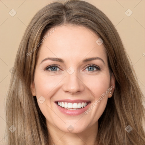 Joyful white young-adult female with long  brown hair and brown eyes