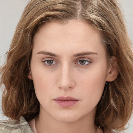 Neutral white young-adult female with medium  brown hair and blue eyes