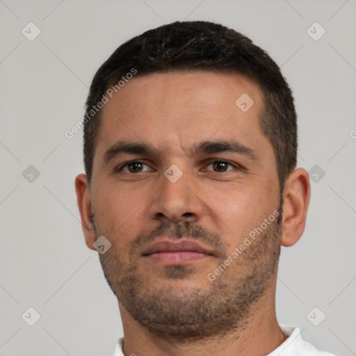 Neutral white young-adult male with short  brown hair and brown eyes