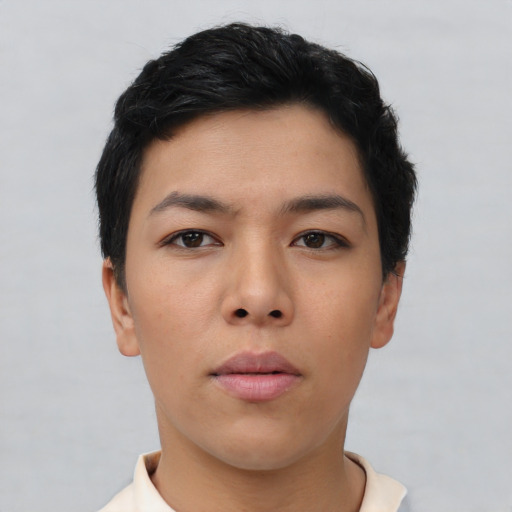 Neutral asian young-adult female with short  black hair and brown eyes