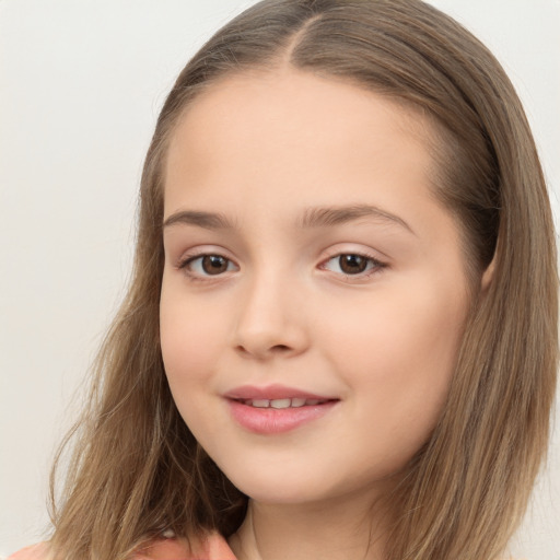 Joyful white child female with long  brown hair and brown eyes