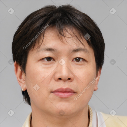 Joyful white adult female with short  brown hair and brown eyes