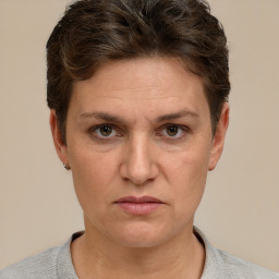 Neutral white adult female with short  brown hair and grey eyes