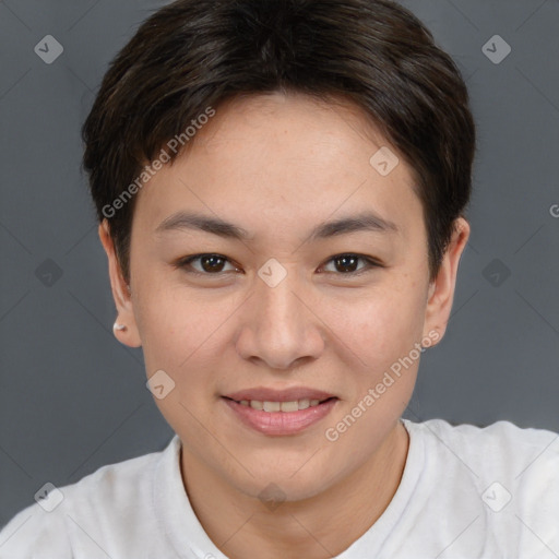 Joyful white young-adult female with short  brown hair and brown eyes