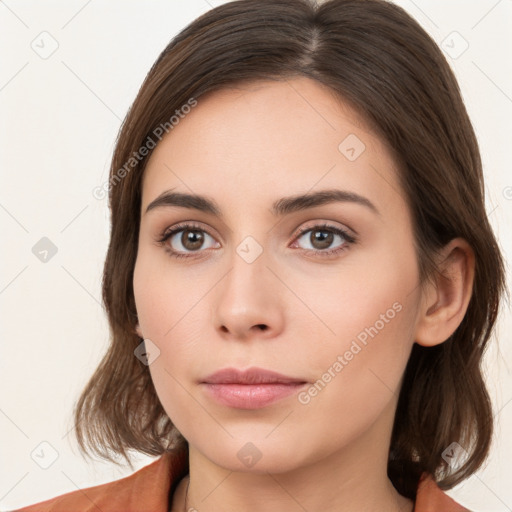 Neutral white young-adult female with medium  brown hair and brown eyes