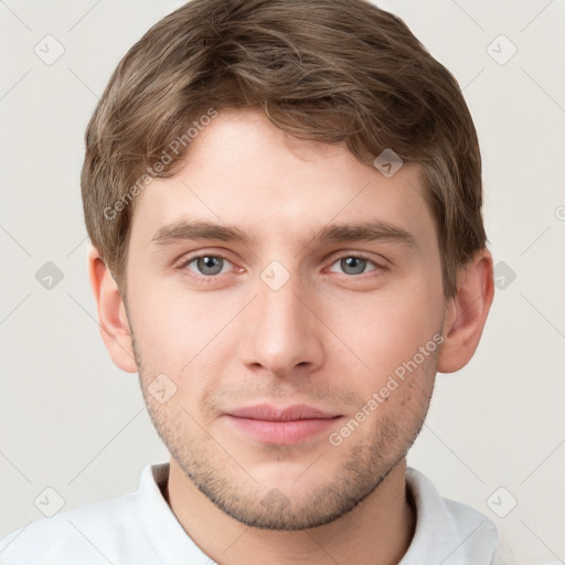 Neutral white young-adult male with short  brown hair and grey eyes