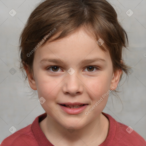 Joyful white child female with medium  brown hair and brown eyes