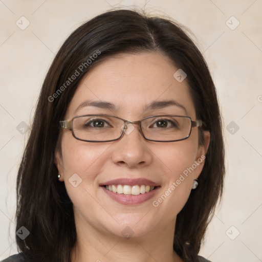 Joyful white young-adult female with medium  brown hair and brown eyes