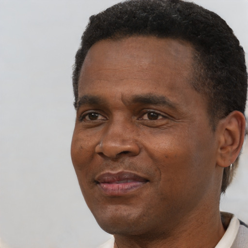 Joyful black adult male with short  black hair and brown eyes