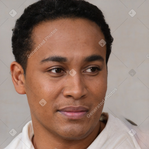 Joyful latino young-adult male with short  brown hair and brown eyes