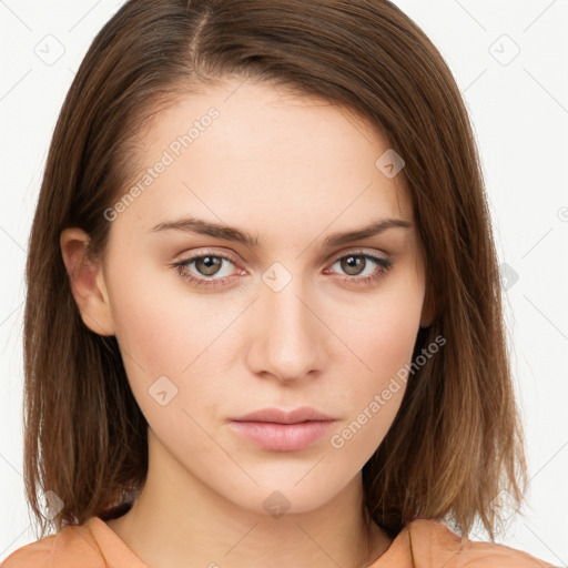 Neutral white young-adult female with medium  brown hair and brown eyes