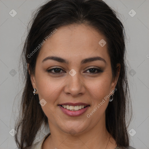 Joyful latino young-adult female with medium  brown hair and brown eyes