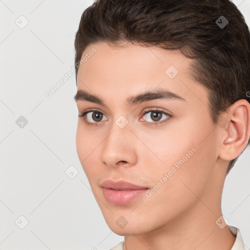 Neutral white young-adult male with short  brown hair and brown eyes