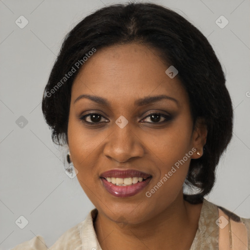 Joyful black young-adult female with medium  brown hair and brown eyes