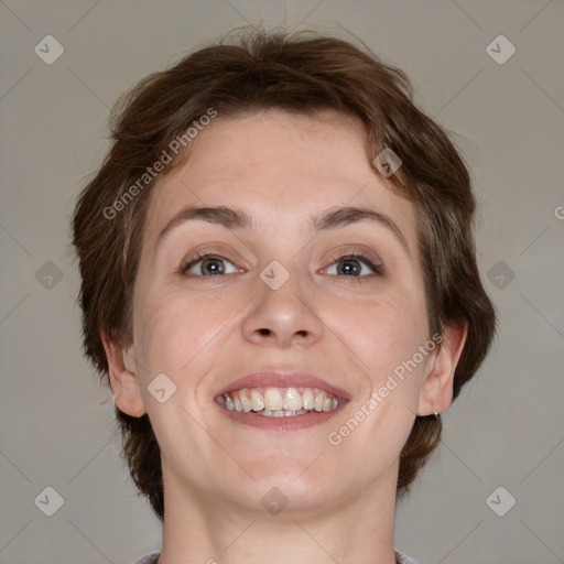 Joyful white young-adult female with medium  brown hair and green eyes