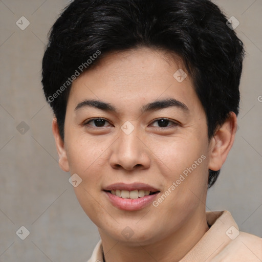 Joyful asian young-adult female with short  brown hair and brown eyes