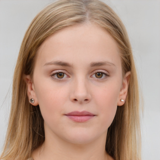 Neutral white young-adult female with long  brown hair and brown eyes