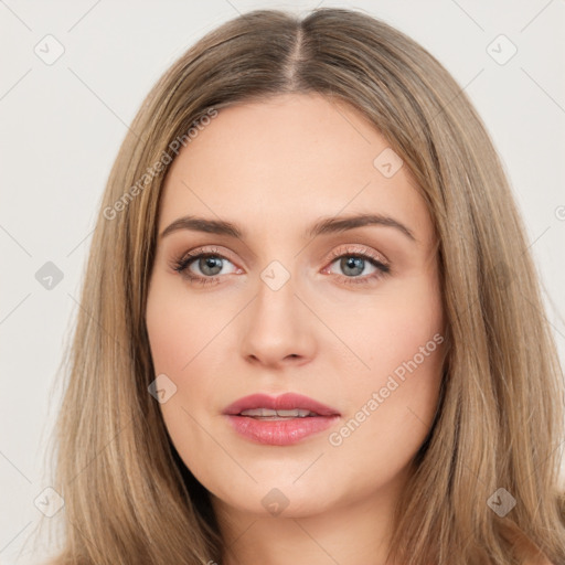 Neutral white young-adult female with long  brown hair and brown eyes