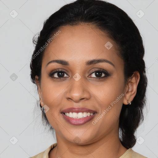 Joyful latino young-adult female with medium  black hair and brown eyes