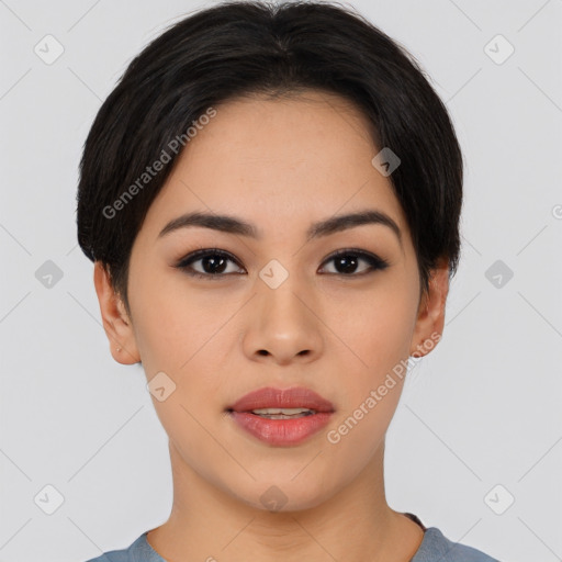 Joyful asian young-adult female with short  black hair and brown eyes