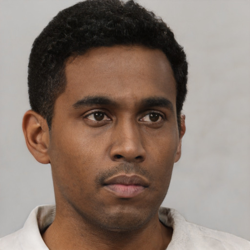 Neutral black young-adult male with short  black hair and brown eyes
