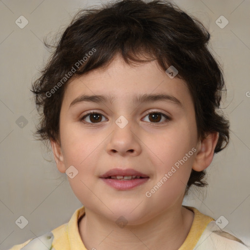 Joyful white child female with medium  brown hair and brown eyes