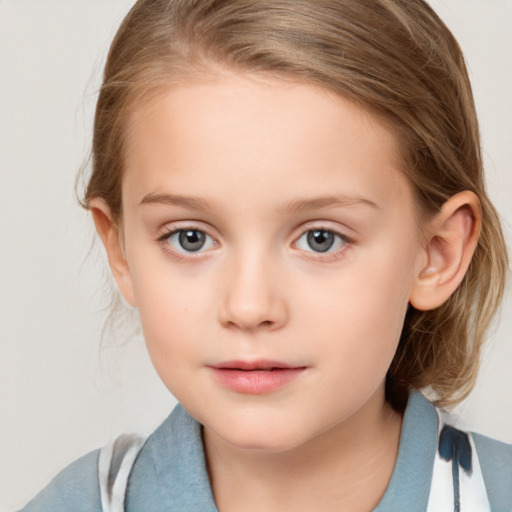 Neutral white child female with medium  brown hair and blue eyes