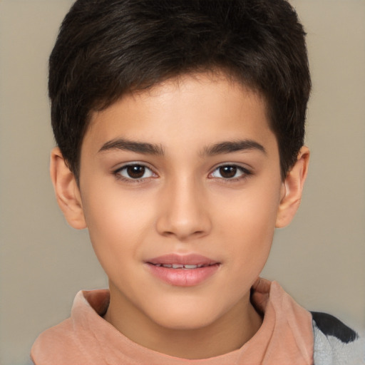 Joyful white child female with short  brown hair and brown eyes