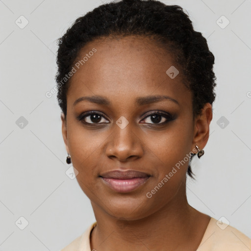 Neutral black young-adult female with short  black hair and brown eyes