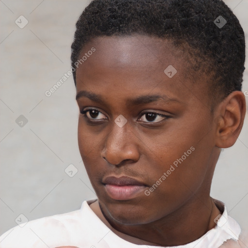 Neutral black young-adult female with short  brown hair and brown eyes