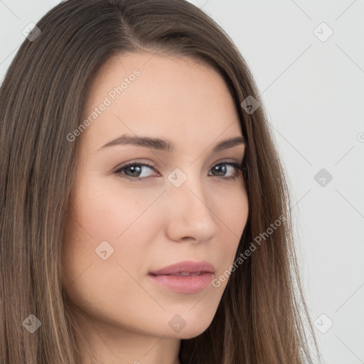 Neutral white young-adult female with long  brown hair and brown eyes