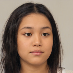 Neutral asian young-adult female with long  brown hair and brown eyes