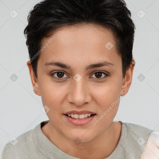 Joyful white young-adult female with short  brown hair and brown eyes