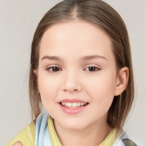 Joyful white child female with medium  brown hair and brown eyes