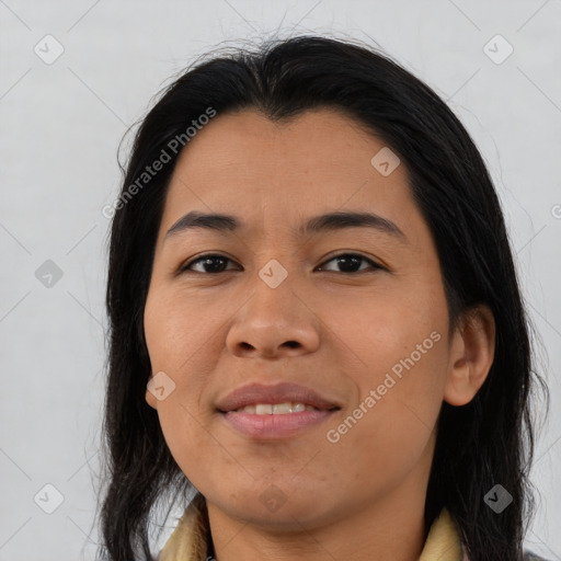 Joyful asian young-adult female with long  brown hair and brown eyes