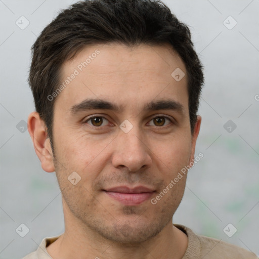 Joyful white young-adult male with short  brown hair and brown eyes