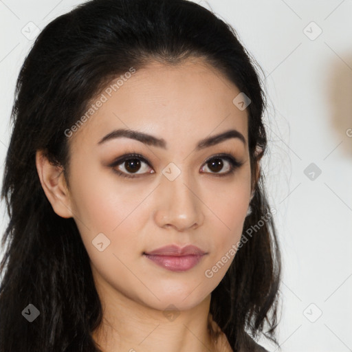 Neutral latino young-adult female with long  brown hair and brown eyes