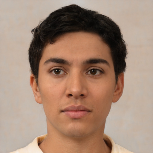 Neutral latino young-adult male with short  black hair and brown eyes