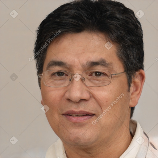 Joyful white middle-aged male with short  brown hair and brown eyes