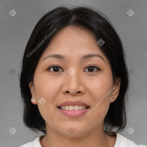 Joyful asian young-adult female with medium  brown hair and brown eyes