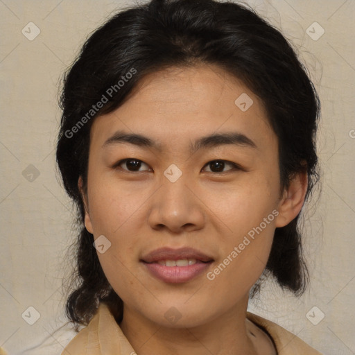 Joyful asian young-adult female with medium  brown hair and brown eyes