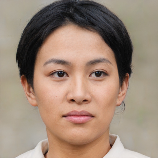 Neutral asian young-adult female with short  black hair and brown eyes