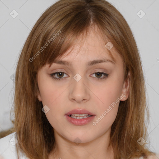 Neutral white young-adult female with medium  brown hair and brown eyes