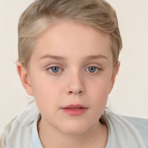 Neutral white child female with short  brown hair and grey eyes